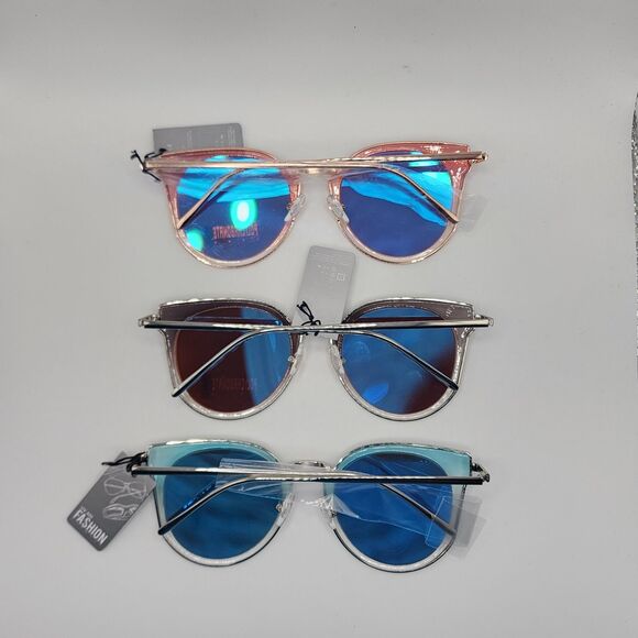 Sunglasses Butterfly Frame Round Mirrored Lens  Set Of 3 Pink Grey Blue Retro - Picture 2 of 10
